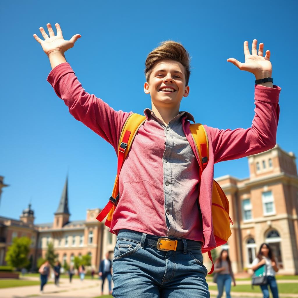 A vibrant and cheerful profile picture depicting a young adult celebrating success in a university entrance exam