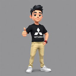 A 3D cartoon style image of a 31-year-old male with short black hair, standing confidently with his thumb up
