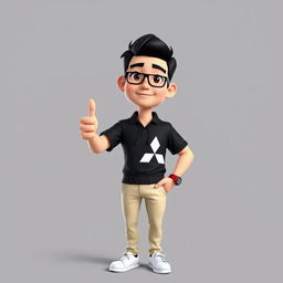 A 3D cartoon style image of a 31-year-old male with short black hair, standing confidently with his thumb up