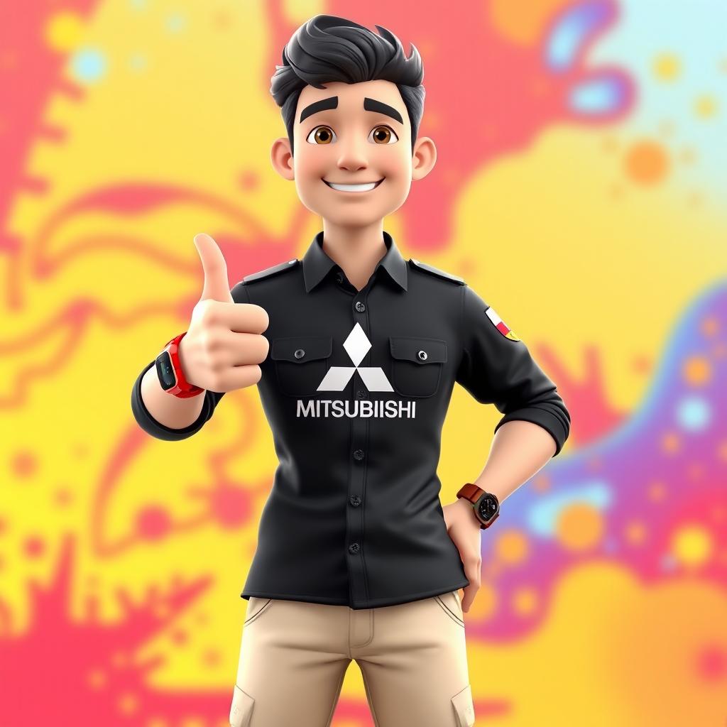 A vibrant 3D cartoon image of a 31-year-old male with short black hair, confidently standing with his thumb up
