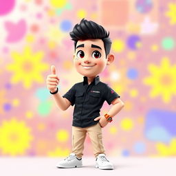 A vibrant 3D cartoon image of a 31-year-old male with short black hair, confidently standing with his thumb up