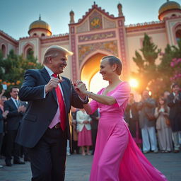 Donald Trump and Vladimir Putin dressed in bright pink outfits, elegantly dancing together in the historical Arg Entrance of Semnan, Iran