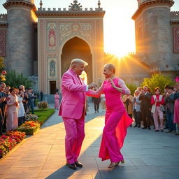 Donald Trump and Vladimir Putin dressed in bright pink outfits, elegantly dancing together in the historical Arg Entrance of Semnan, Iran