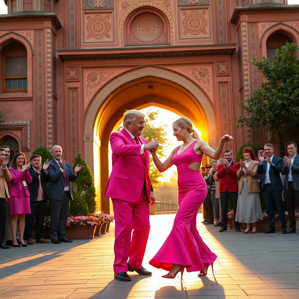 Donald Trump and Vladimir Putin dressed in bright pink outfits, elegantly dancing together in the historical Arg Entrance of Semnan, Iran