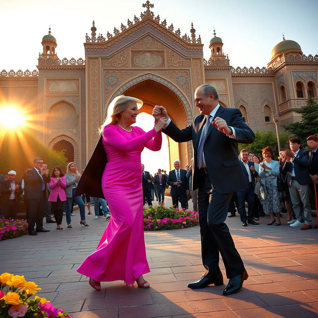 Donald Trump and Vladimir Putin dressed in bright pink outfits, elegantly dancing together in the historical Arg Entrance of Semnan, Iran