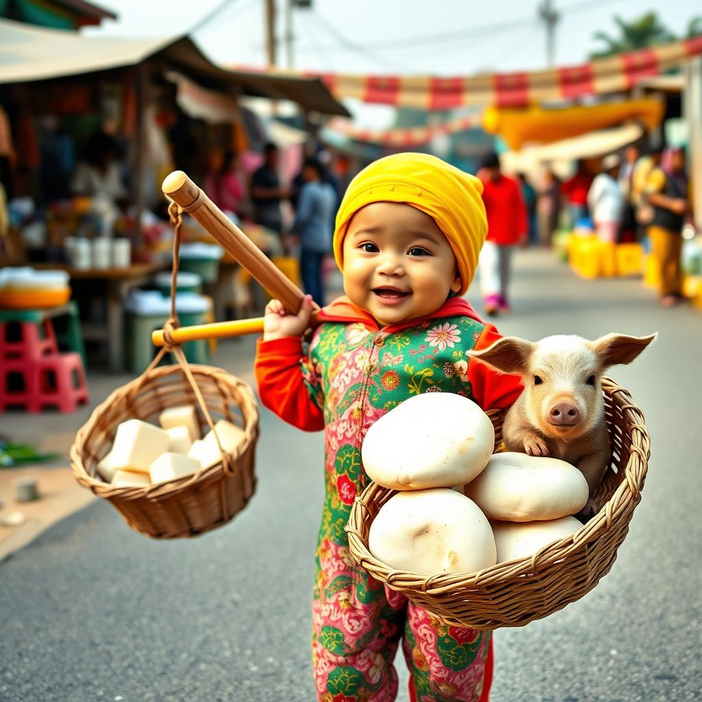 A funny baby dressed in colorful clothing, joyfully walking down a rural road