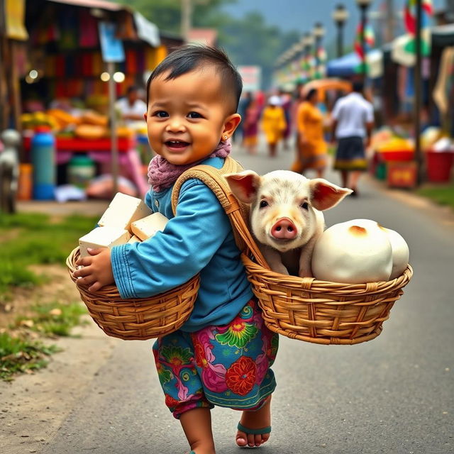 A funny baby dressed in colorful clothing, joyfully walking down a rural road