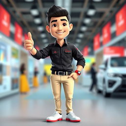 A vibrant 3D cartoon image of a 31-year-old male Mitsubishi sales marketing representative