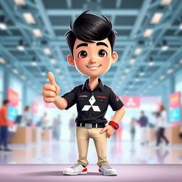 A vibrant 3D cartoon image of a 31-year-old male Mitsubishi sales marketing representative
