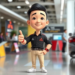 A vibrant 3D cartoon image of a 31-year-old male Mitsubishi sales marketing representative
