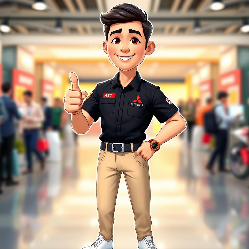 A vibrant 3D cartoon image of a 31-year-old male Mitsubishi sales marketing representative
