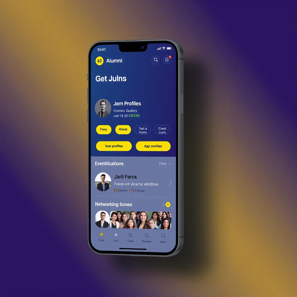 A sleek and modern mobile app screen design for an alumni network