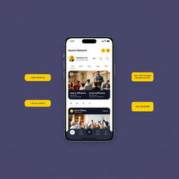 A sleek and modern mobile app screen design for an alumni network