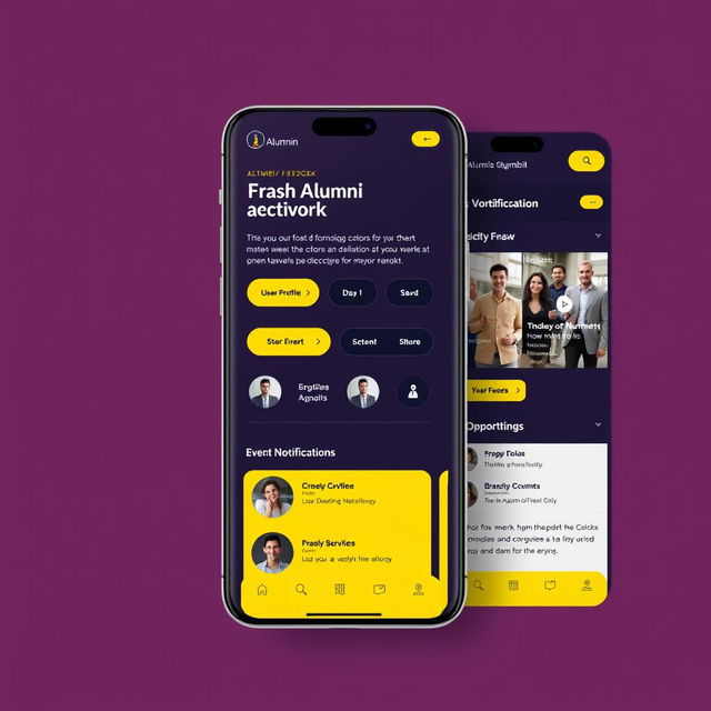 A sleek and modern mobile app screen design for an alumni network