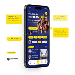 A sleek and modern mobile app screen design for an alumni network