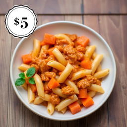 A delicious plate of macaroni, featuring a vibrant mix of flavors including Victor macaroni with a rich tomato chicken sauce, complemented by fresh, diced carrots