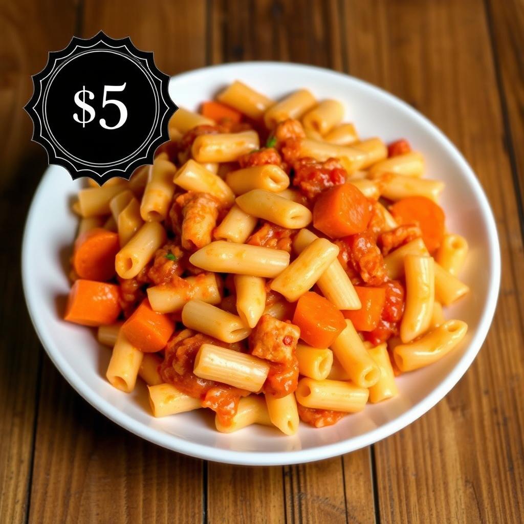A delicious plate of macaroni, featuring a vibrant mix of flavors including Victor macaroni with a rich tomato chicken sauce, complemented by fresh, diced carrots