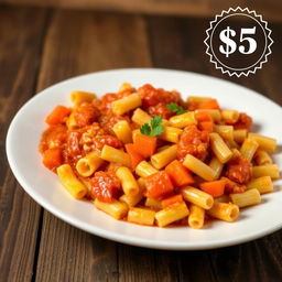 A delicious plate of macaroni, featuring a vibrant mix of flavors including Victor macaroni with a rich tomato chicken sauce, complemented by fresh, diced carrots