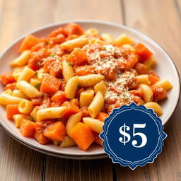 A delicious plate of macaroni, featuring a vibrant mix of flavors including Victor macaroni with a rich tomato chicken sauce, complemented by fresh, diced carrots