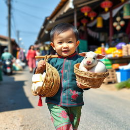 A cute Chinese baby dressed in colorful traditional clothing, confidently carrying a wooden yoke over his shoulder