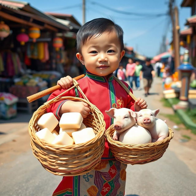A cute Chinese baby dressed in colorful traditional clothing, confidently carrying a wooden yoke over his shoulder