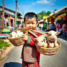 A cute Chinese baby dressed in colorful traditional clothing, confidently carrying a wooden yoke over his shoulder