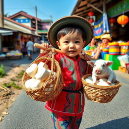 A cute Chinese baby dressed in colorful traditional clothing, confidently carrying a wooden yoke over his shoulder