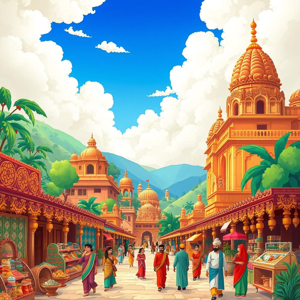 A vibrant Indian style cartoon background filled with traditional elements such as colorful marketplaces, intricate patterns, lush green landscapes, and historic architecture like palaces and temples