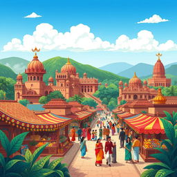 A vibrant Indian style cartoon background filled with traditional elements such as colorful marketplaces, intricate patterns, lush green landscapes, and historic architecture like palaces and temples