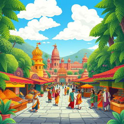 A vibrant Indian style cartoon background filled with traditional elements such as colorful marketplaces, intricate patterns, lush green landscapes, and historic architecture like palaces and temples