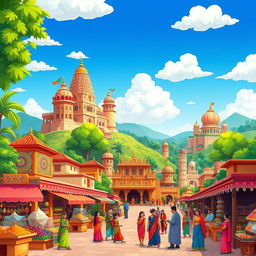 A vibrant Indian style cartoon background filled with traditional elements such as colorful marketplaces, intricate patterns, lush green landscapes, and historic architecture like palaces and temples