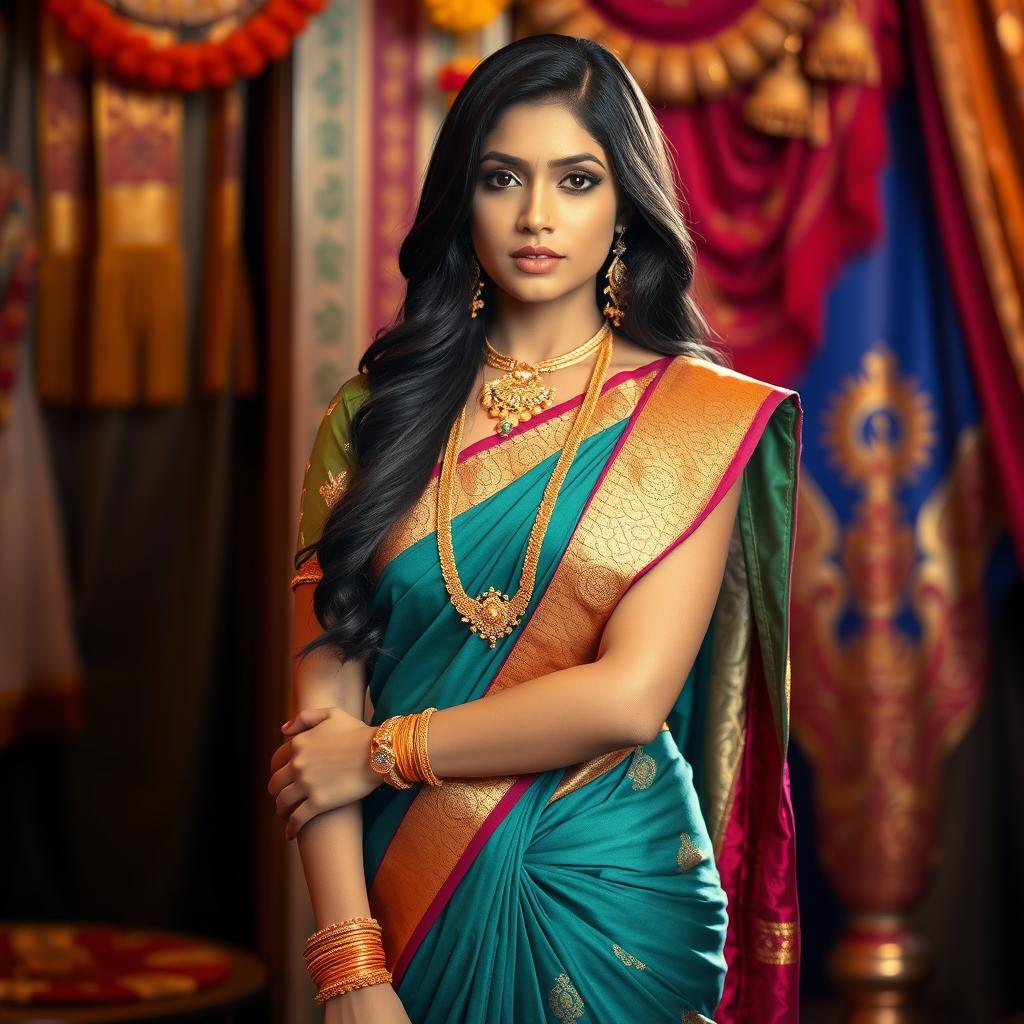 A stunning Indian woman with long dark hair, wearing a beautiful traditional saree that elegantly drapes her figure, adorned with intricate gold jewelry