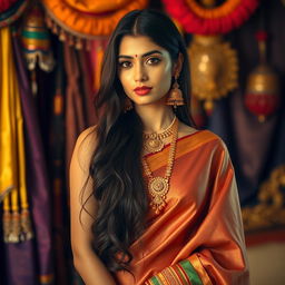 A stunning Indian woman with long dark hair, wearing a beautiful traditional saree that elegantly drapes her figure, adorned with intricate gold jewelry