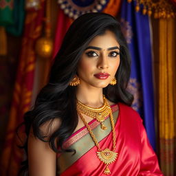 A stunning Indian woman with long dark hair, wearing a beautiful traditional saree that elegantly drapes her figure, adorned with intricate gold jewelry