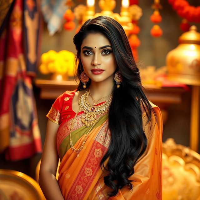 A stunning Indian woman with long dark hair, wearing a beautiful traditional saree that elegantly drapes her figure, adorned with intricate gold jewelry