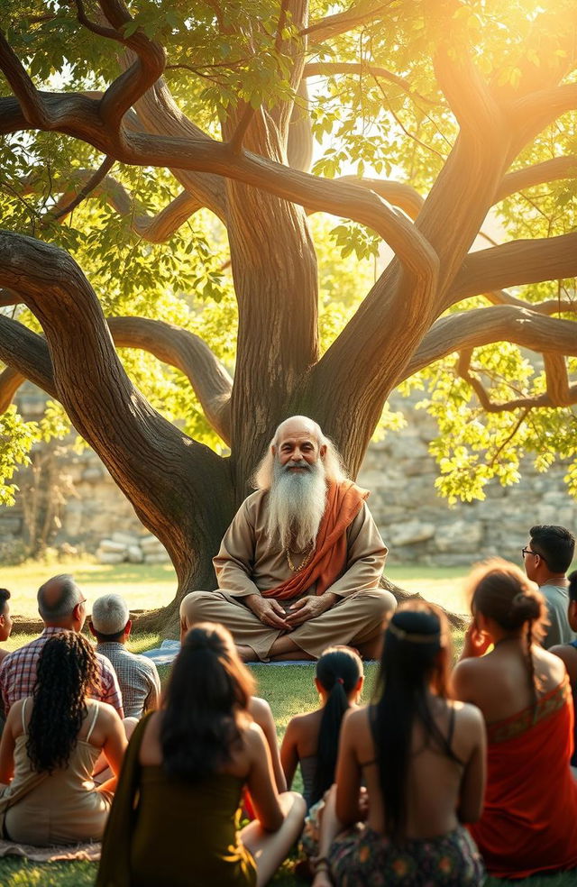 A serene and peaceful outdoor setting, depicting a wise and compassionate guru sitting cross-legged under a large, ancient tree