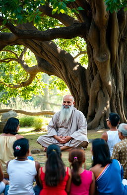 A serene and peaceful outdoor setting, depicting a wise and compassionate guru sitting cross-legged under a large, ancient tree