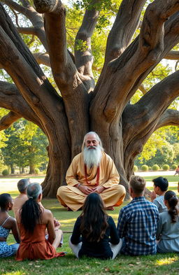 A serene and peaceful outdoor setting, depicting a wise and compassionate guru sitting cross-legged under a large, ancient tree