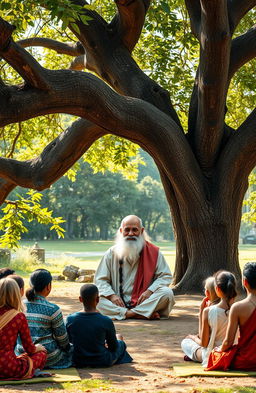 A serene and peaceful outdoor setting, depicting a wise and compassionate guru sitting cross-legged under a large, ancient tree