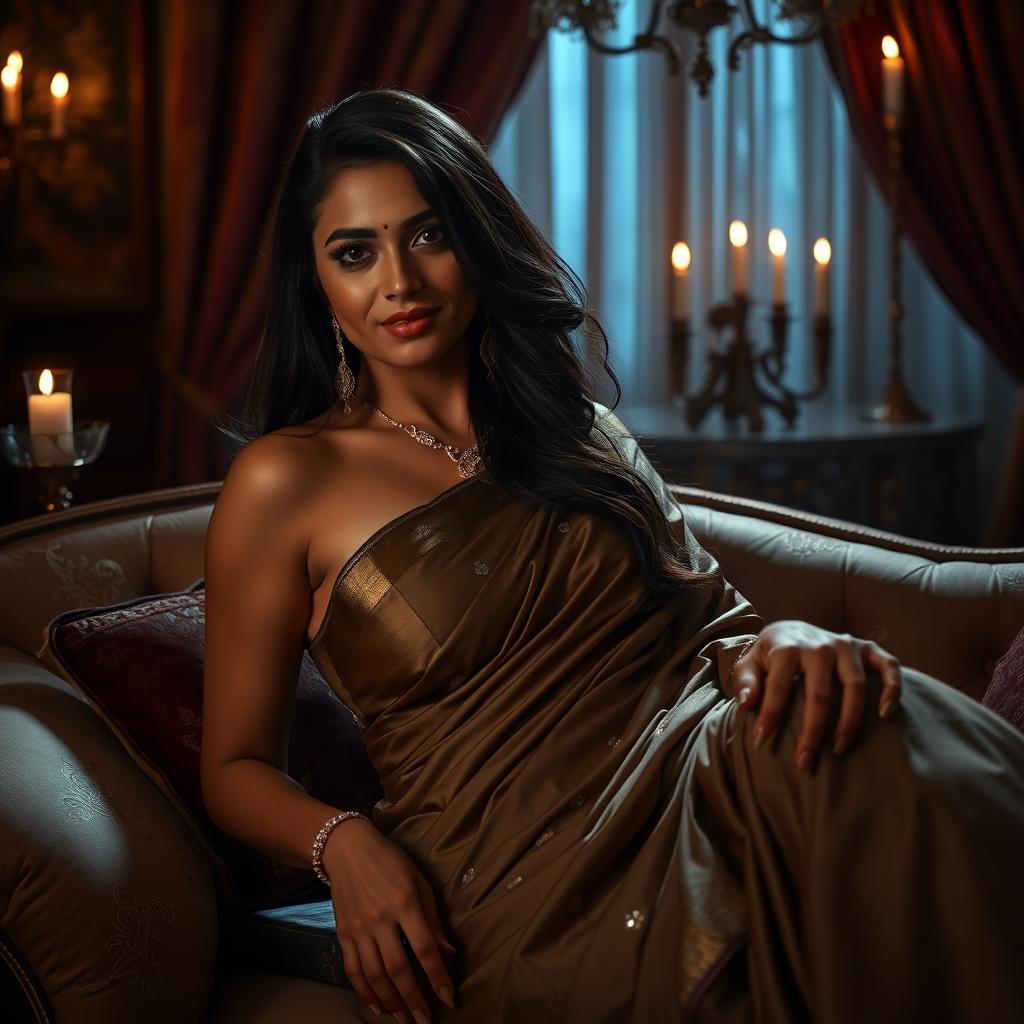 A sultry and mysterious scene featuring a beautiful South Asian woman in her late 30s, dressed in an elegant traditional saree that accentuates her curves