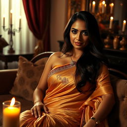 A sultry and mysterious scene featuring a beautiful South Asian woman in her late 30s, dressed in an elegant traditional saree that accentuates her curves