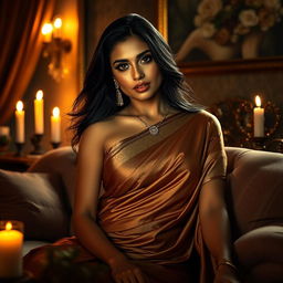 A sultry and mysterious scene featuring a beautiful South Asian woman in her late 30s, dressed in an elegant traditional saree that accentuates her curves