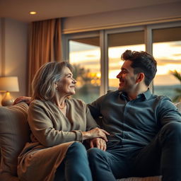 A romantic scene between a charming older woman and her young lover