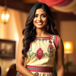 A beautiful, voluptuous Indian woman wearing a stylish, sleeveless desi blouse that hugs her curves