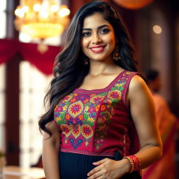 A beautiful, voluptuous Indian woman wearing a stylish, sleeveless desi blouse that hugs her curves