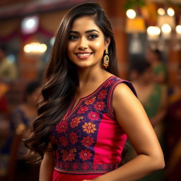 A beautiful, voluptuous Indian woman wearing a stylish, sleeveless desi blouse that hugs her curves