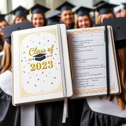 A beautifully designed graduation notebook featuring an elegant cover with the words 'Class of 2023' in gold embossed lettering