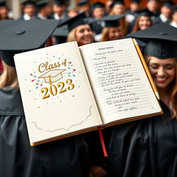 A beautifully designed graduation notebook featuring an elegant cover with the words 'Class of 2023' in gold embossed lettering