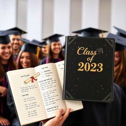 A beautifully designed graduation notebook featuring an elegant cover with the words 'Class of 2023' in gold embossed lettering