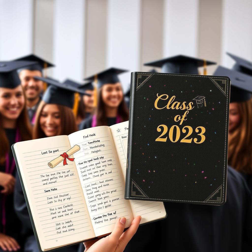 A beautifully designed graduation notebook featuring an elegant cover with the words 'Class of 2023' in gold embossed lettering